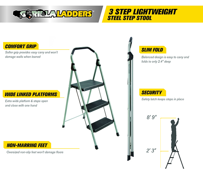 Gorilla Ladders 3Step Lightweight Steel Step Stool Ladder with 225 lb